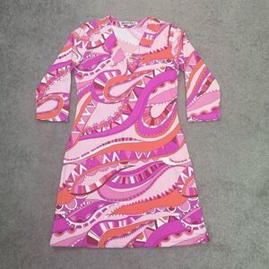 Barbara Gerwit Womens Abstract 3/4 Sleeve Jersey Mini Dress Purple Coral Small